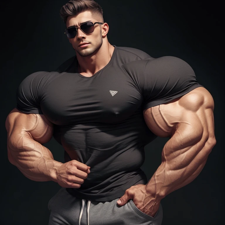 gay, style, muscle, bodybuilder, a very handsome young man, sunglasses, wearing a gray shirt, exaggeratedly muscular, exaggeratedly huge muscles, on a black background