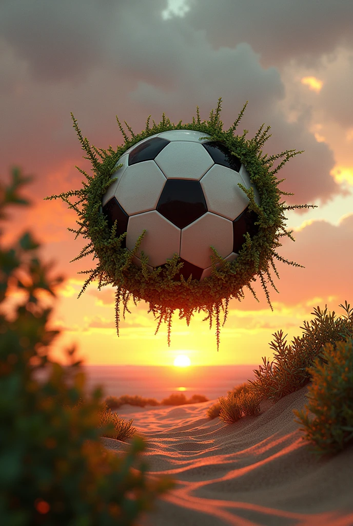Create a surreal image with these elements: plants, Football, Sunsets, playa, travel without people