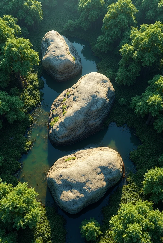 Picture of the Three Whale Rock in Bueng Kan Province, top view surrounded by forest.