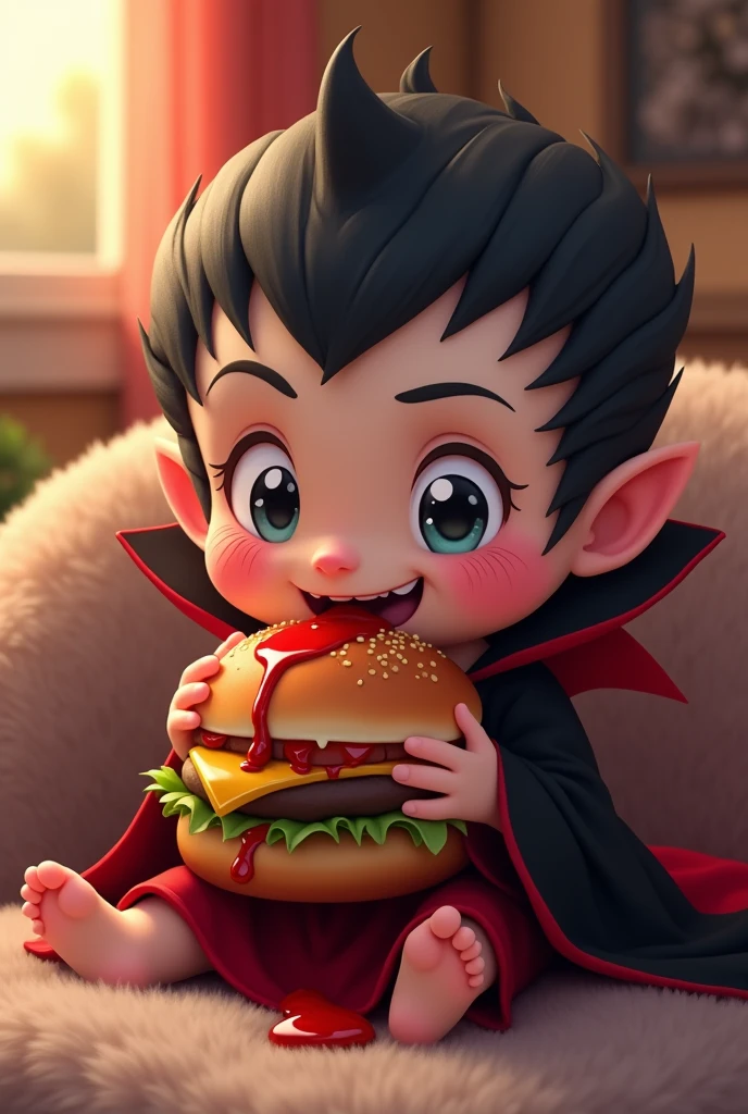 cute animated vampire eating burger with dripping ketchup, lain