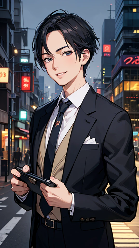 Anime Style, masterpiece, high quality, Style sheet, Fantasy, salaryman, 1 person, Detailed face, Realistic eyes, Realistic lips, Elegant suits, tie, briefcase, urban landscape background, Dramatic lighting, Vibrant colors, Structure of the film, Realistic, 8K, Super detailed,smile