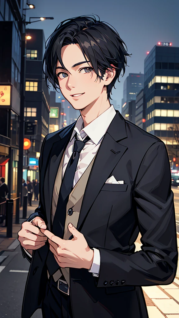 Anime Style, masterpiece, high quality, Style sheet, Fantasy, salaryman, 1 person, Detailed face, Realistic eyes, Realistic lips, Elegant suits, tie, briefcase, urban landscape background, Dramatic lighting, Vibrant colors, Structure of the film, Realistic, 8K, Super detailed,smile