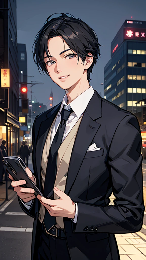 Anime Style, masterpiece, high quality, Style sheet, Fantasy, salaryman, 1 person, Detailed face, Realistic eyes, Realistic lips, Elegant suits, tie, briefcase, urban landscape background, Dramatic lighting, Vibrant colors, Structure of the film, Realistic, 8K, Super detailed,smile