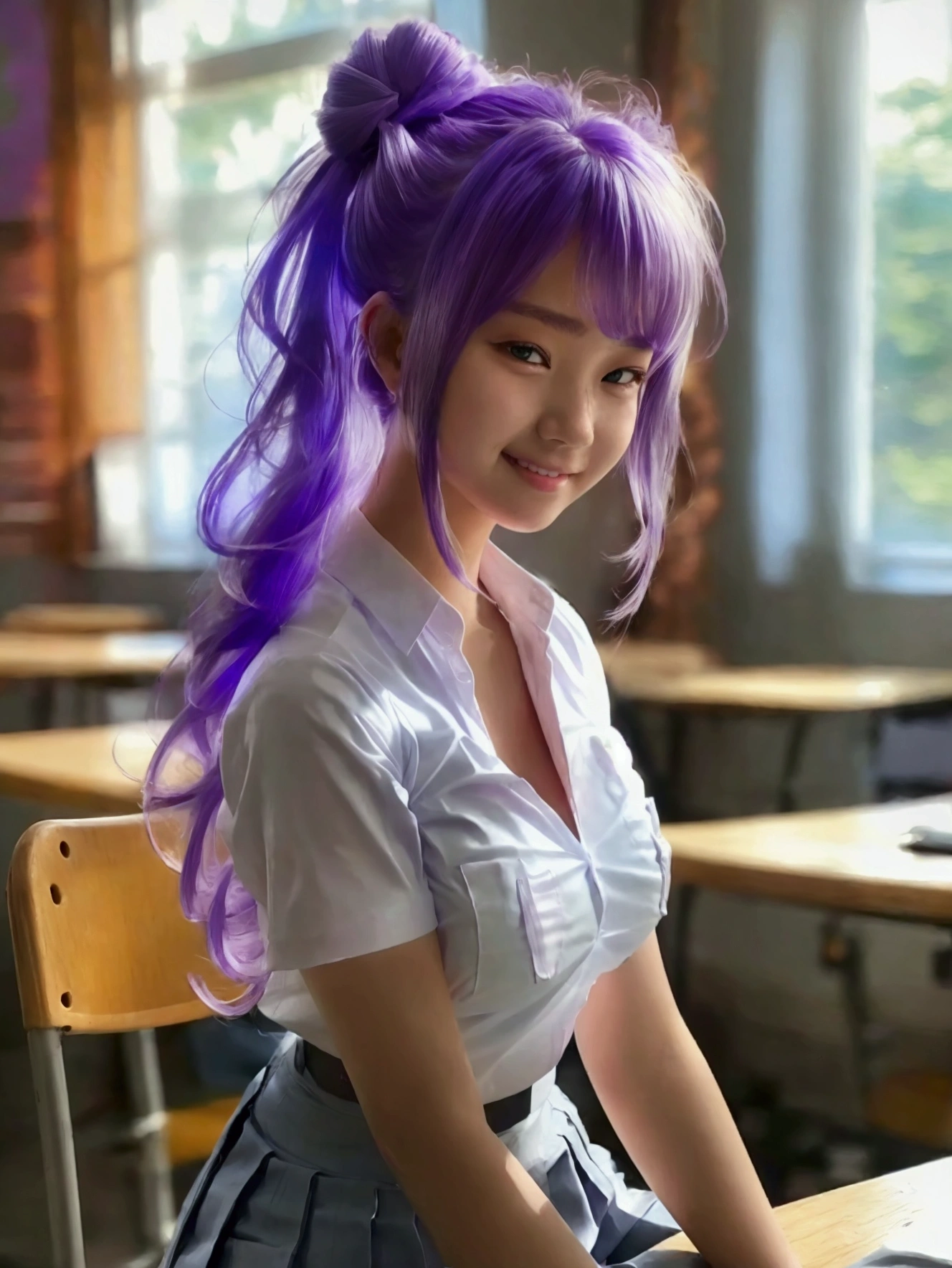 1 woman, 17 years old, (updo, blonde and purple hair), plump body, black eyes, Indonesian high-school uniform, (wearing transparent white shirt, showing bra), osis logo on shirt pocket, huge XL breasts, light-grey pleated skirt, sitting on a chair, seductive pose, full body shot, side view, smiling, in the classroom.