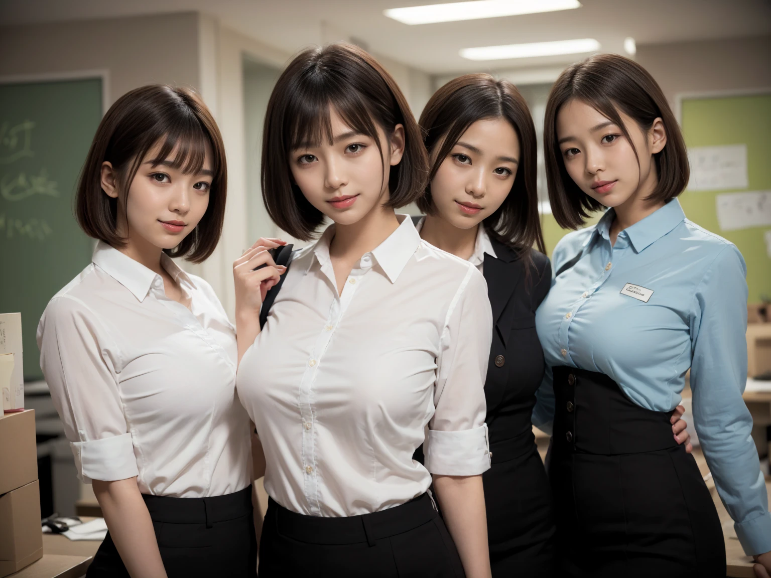 masterpiece, Highest quality, figure, Very detailed, The finer details, High resolution, 8k,wallpaper, Perfect dynamic composition,(Detailed high quality, Realistic depiction of eyes:1.3), (Three Girls), A tight-fitting business shirt with buttons on the collar and chest, Short tight skirt, Seraphim, Short Bob Hair, The background is an empty office, Deep in the field, Black hair color, Big Natural Color Lip, (Perfect figure), (smile)、Harajuku Style、Beautiful Japanese women:1.4), Adorable expression、Expressions of happiness、Very beautiful、Beautiful feet, Idol Sculpture、Big Breasts