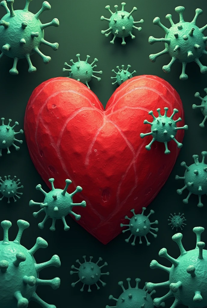 Make a red heart surrounded by green viruses around it