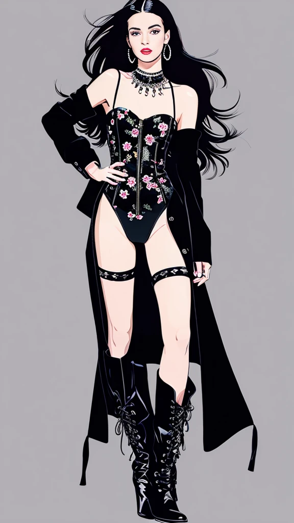 Fashion illustration of a model wearing a black floral bustier and cy-high boots, the model has long hair and a sophisticated style, monochromatic background, nothing