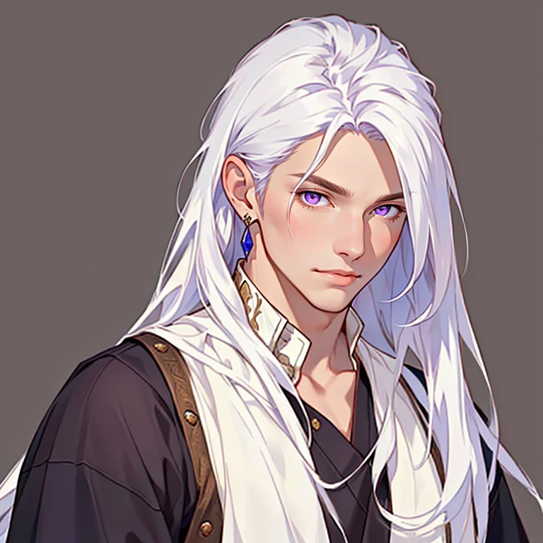 ((masterpiece)), (((best quality))), solo, 1 male, prince, pale white skin, white hair, long hair, straight hair, purple eyes, handsome young man, realistic medieval clothes, simple earrings, highest quality, highly detailed, original, high resolution CG Unit 8k wallpaper, (best quality, artwork, masterpiece, 4k)