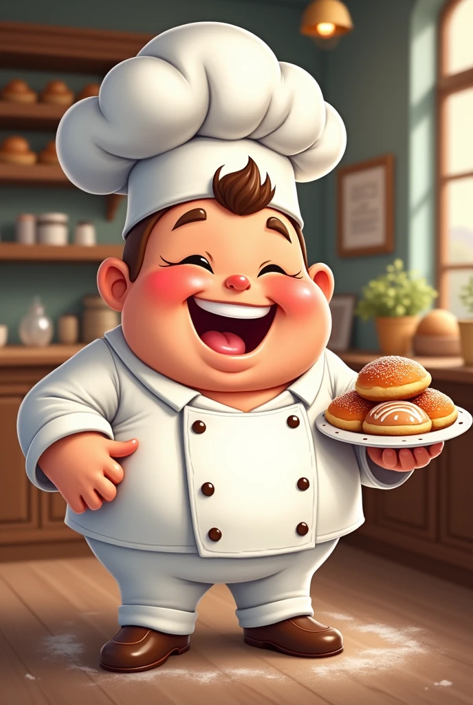 create a mascot for a bakery, the character is a cheerful and friendly pastry chef