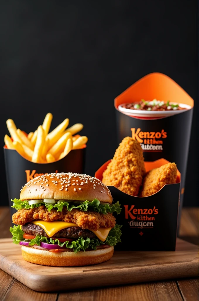 A french fries with fried chicken and cheese burger package like in McDonald's but the package is black and orange in color written kenzo's Kitchen 