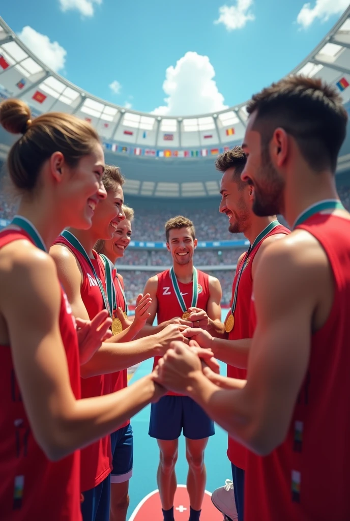 An image showing athletes from different countries greeting each other and exchanging medals