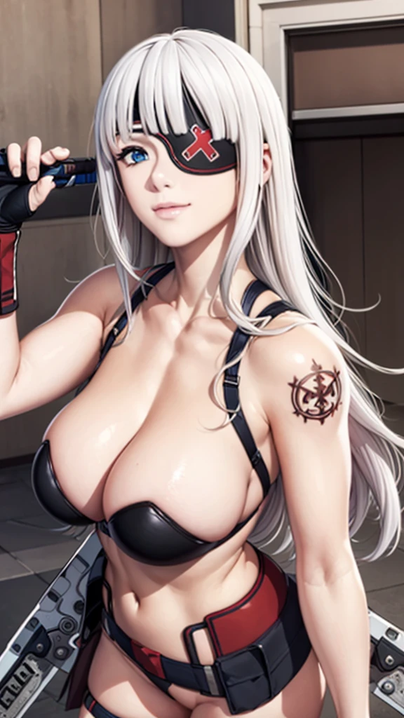 kana with long white hair and black red eyepatch outfit gloves, tattoo, holding big blades, blue eyes, beautiful eyes, beautiful girl, high detail skin, high detail eyes, high detail hair, highres, ultra detailed, detailed pores, imperfect skin, detailed reflective shiny skin, diffused skin pores,sharpen picture, Highly detailed, masterpiece, best quality, smiling, ((liking))