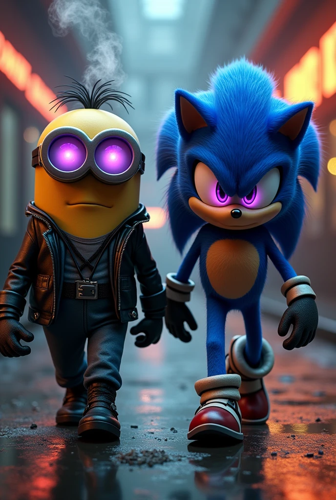 SWAG MINION AND SONIC WITH SHARINGAN SMOKES A CIGARETTE PUMPED UP THEY ARE COOL AND SERIOUS AND THEY ARE GOING COLDCOOL COMING SONIC'S EYES ARE GLOWING PURPLE ON THE STREET MAFIA ARE COOL SUPER THEY ARE WALKING AND SMOKING 4k realistic