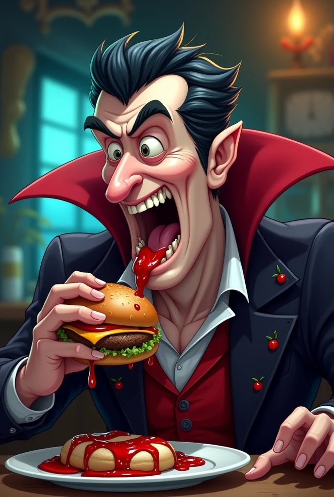 animated vampire eating burger with ketchup dripping down his chin