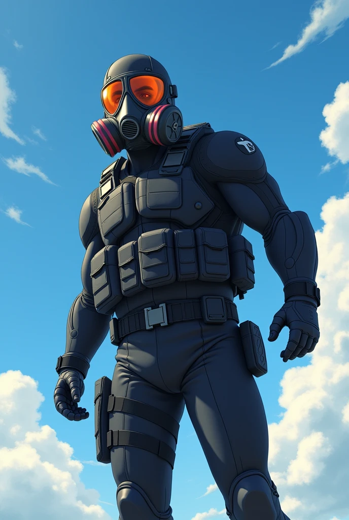 Superhero wearing gas mask, in a black tactical suit, Flying in the sky, in anime.