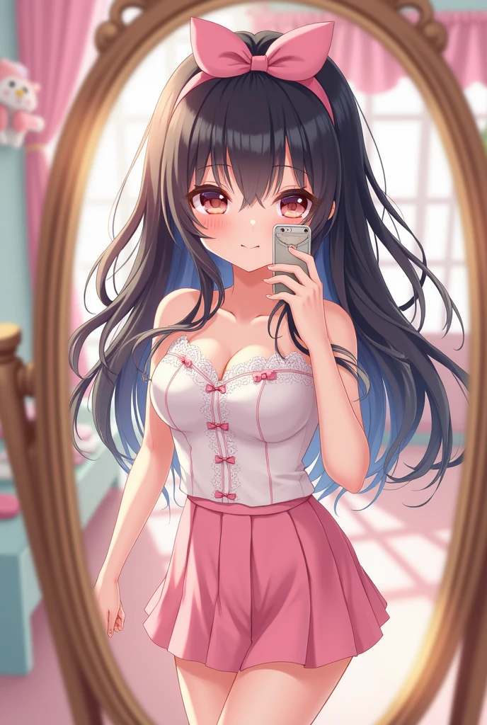 Beautiful girl high quality anime girl with black layered hair, bangs and a pink bow. Wearing a cute white lacy top and pink skirt. Small sized bust and small waist. taking a selfie in front of kawaii bedroom mirror.