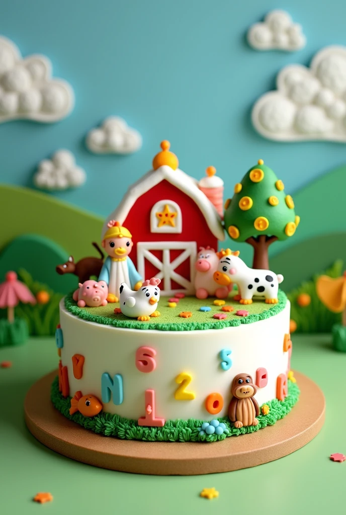 Exclusive small birthday cake with whipped cream for a 2-year-old child, farm theme; chicken cow fish tree dog and jesus God and clown and the abc and numbers