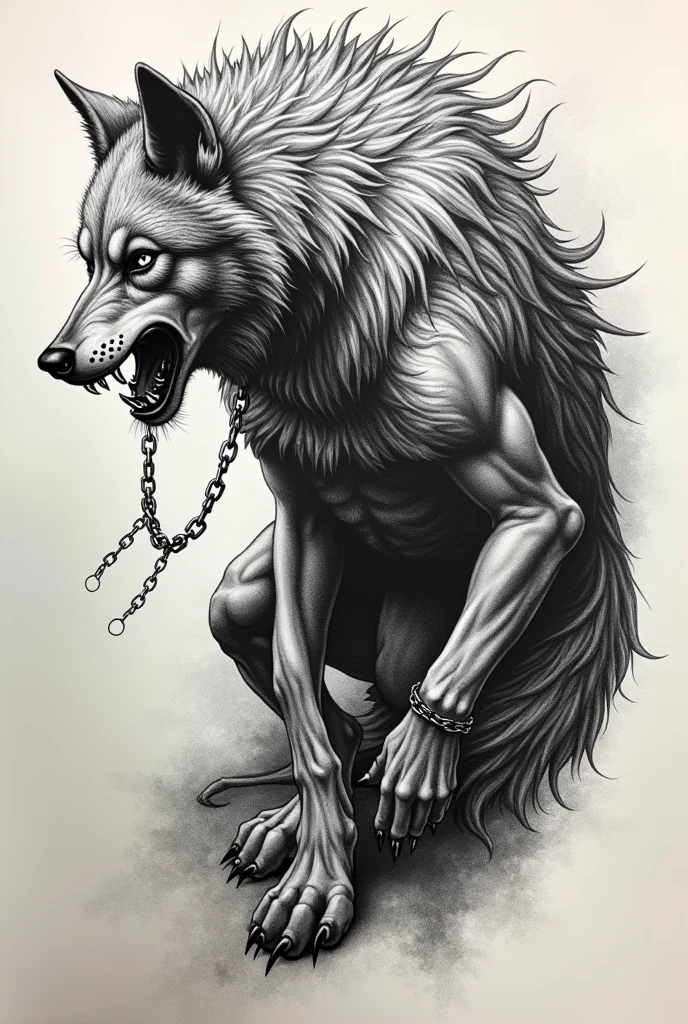 Create a pointillism tattoo pointillism pointillism of Fenrir the wolf on the side in black and white black and white with chains with dog animal body sketch