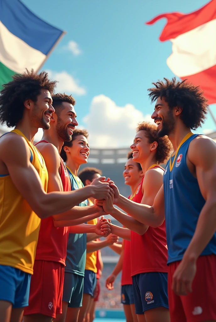 An image showing athletes from different countries greeting each other and exchanging medals