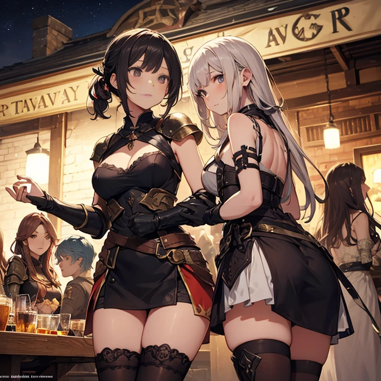 A group of  female medieval fantasy adventurers, (in tavern), various hair styles, harem, night, details face, short skirt, seducing, sleeveless, armor 