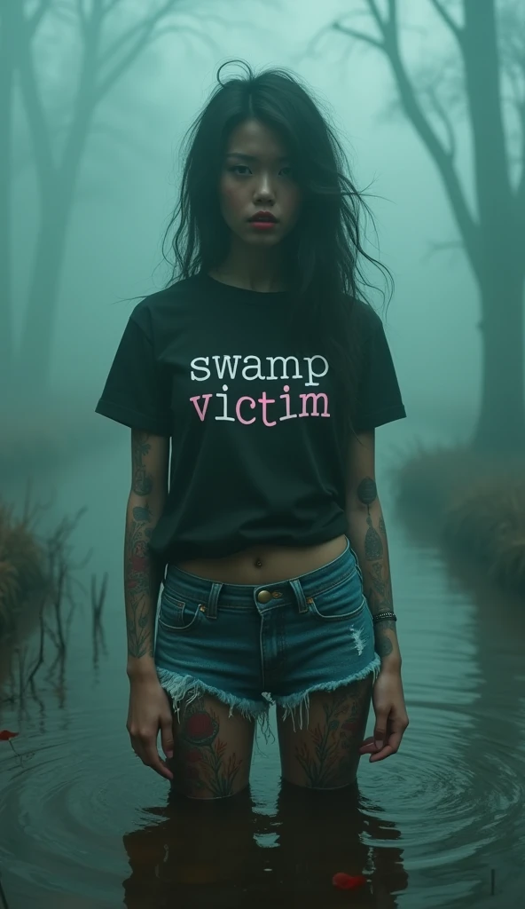 girl in (fetishistic ethnic pattern black shiny rubber stockings) and denim cut-offs and t-shirt with "swamp victim" label, stuck in bog, red fog, blue green fog, red lips