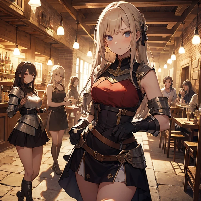 A group of female medieval fantasy adventurers, (in tavern), various hair styles, harem, night, details face, short skirt, seducing, sleeveless, armor