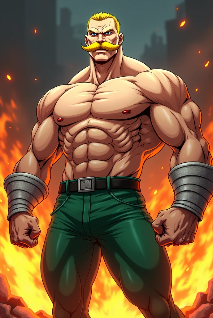 White man, yellow mustache, muscles, fire, anime, fancy, green pants