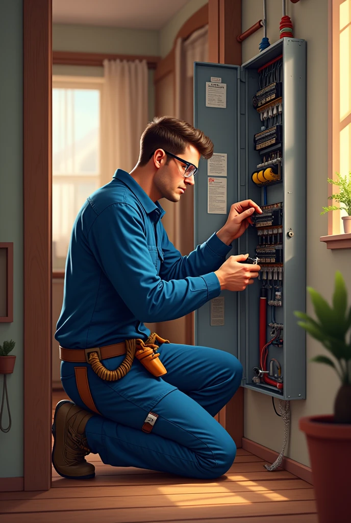 An electrical technician doing maintenance at home