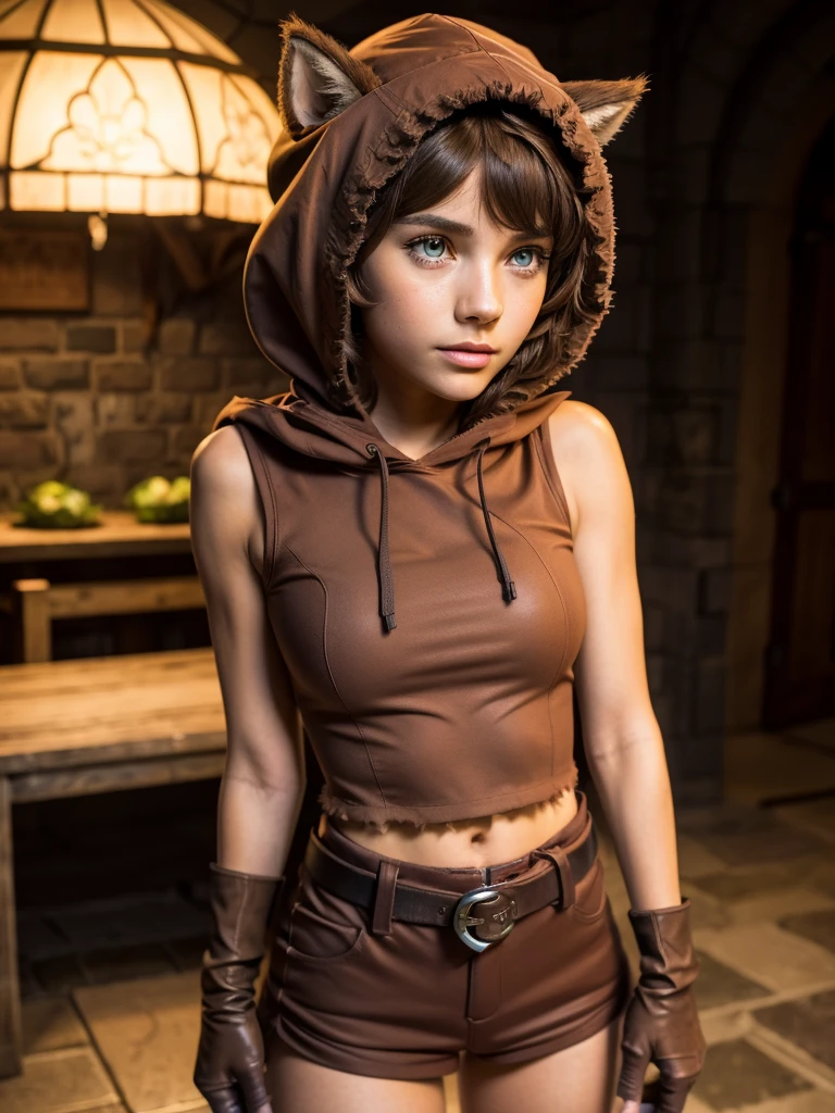 full body,a hot 12 year old girl in a sleeveless hoodie,red shorts, belt,torn thighhighs,
brown boots, beautiful detailed eyes, animal ears, hood up, beautiful detailed lips, gloves, extremely detailed face, long eyelashes, photorealistic, high quality, highly detailed, 8k, masterpiece, realistic, studio lighting, natural lighting, lighting soft, warm colors, pastel colors, vibrant colors, in a Dungeon