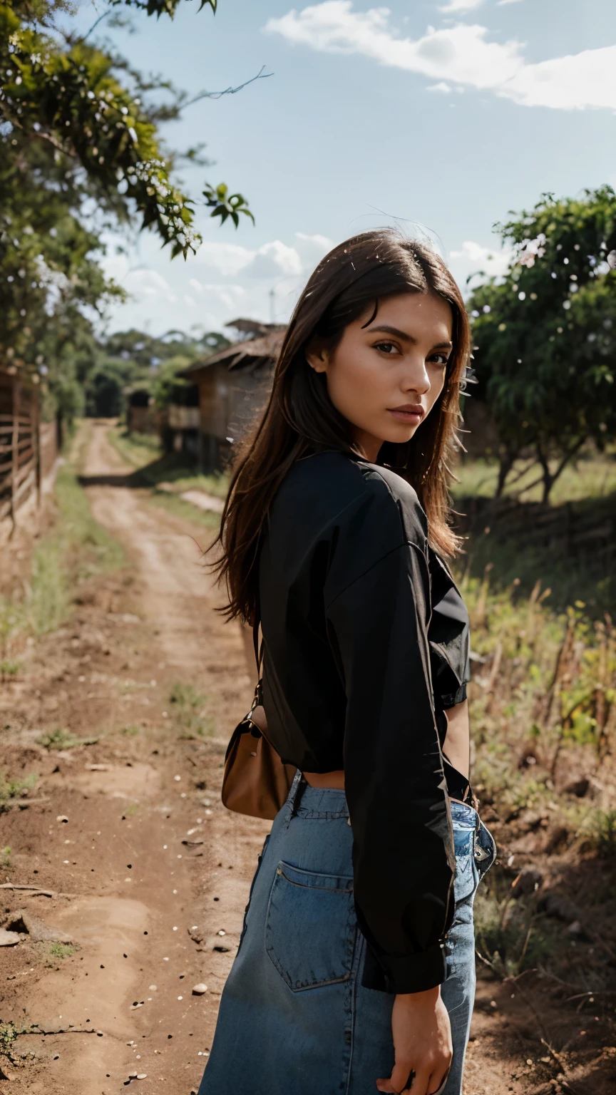 model, A modern woman from Goiás, with a style reflecting the blend of rural and urban life. She wears practical and modern clothes with elements referring to the countryside, in a setting showcasing the cerrado landscape.