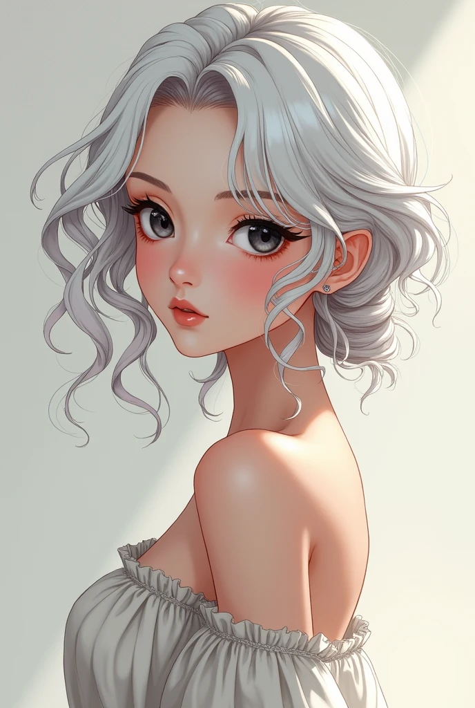 A woman with One Piece features, wavy white hair, black eyes with beautiful eyelashes, a mole near the right eye and near the mouth, and with a white Greek style dress