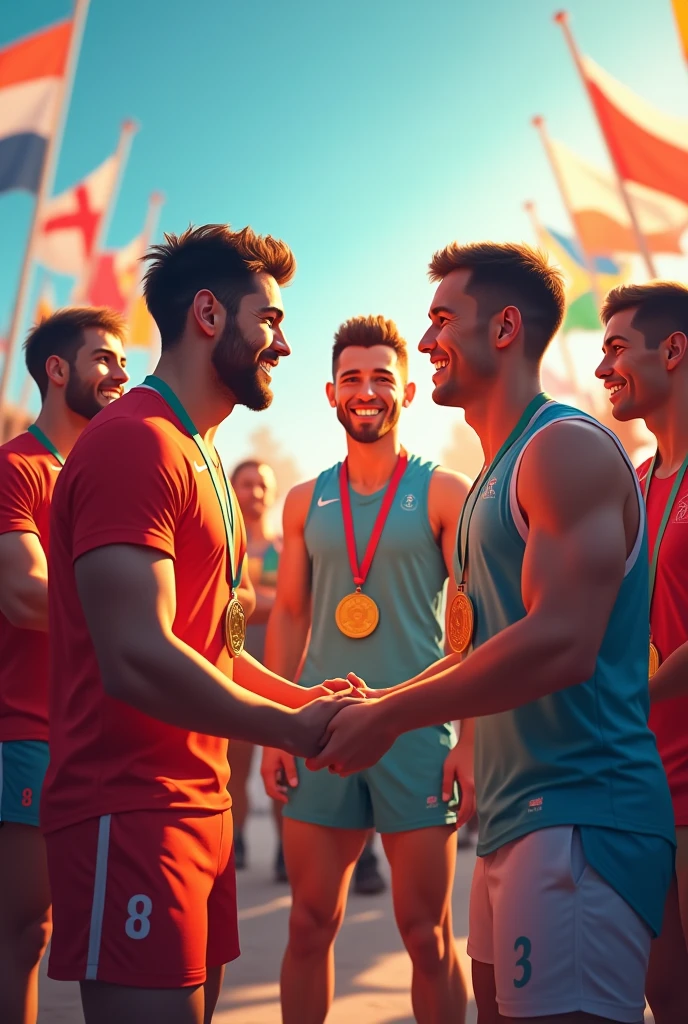 An image showing athletes from different countries greeting each other and exchanging medals