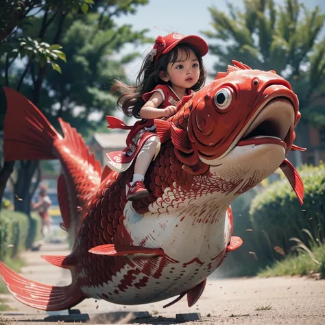 1girl,red fish,kid,chinese clothing,masterpiece,best quality,ultra-detailed,riding,