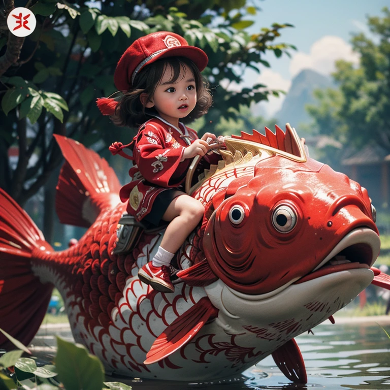 1girl,red fish,kid,chinese clothing,masterpiece,best quality,ultra-detailed,riding,