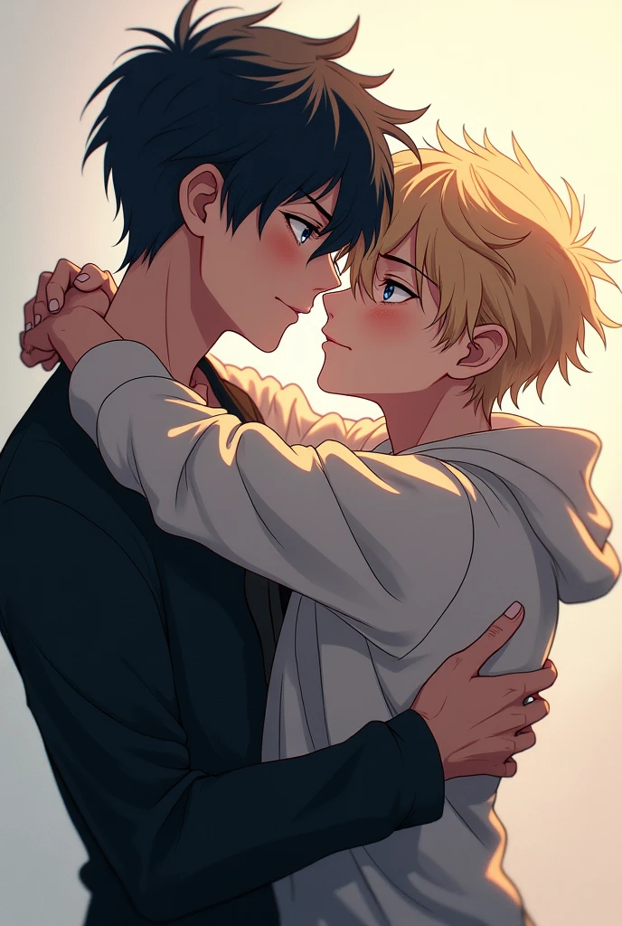 Imagine a book cover with two boys in a strong and affectionate embrace. The boy on the left has black hair and extremely bright blue eyes., that stand out in contrast with her dark hair. The boy on the right has blond hair, slightly messy, that reflect light softly. The background is simple and neutral, maybe with a smooth gradient, to ensure the focus is entirely on the two boys and the moment of connection they share.