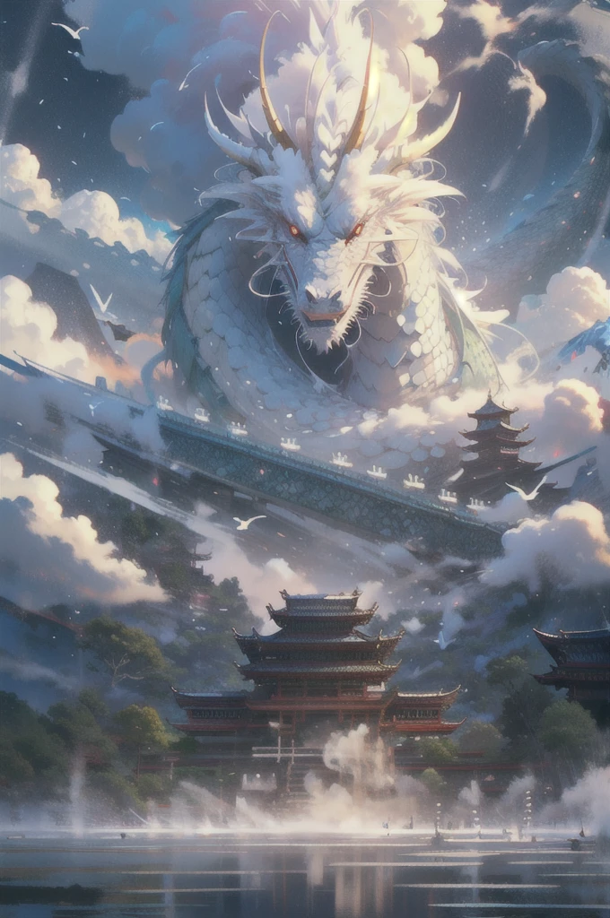 BJ_Sacred_bEast,red_eye,Outdoor,horn,null,cloud,no_human,bird,cloudy_null,scenery,stage,Fantasy,Dragon,architecture,East_Asian_architecture,Eastern_Dragon,Cinema Lighting,Strong contrast,High level of detail,Highest quality,masterpiece,