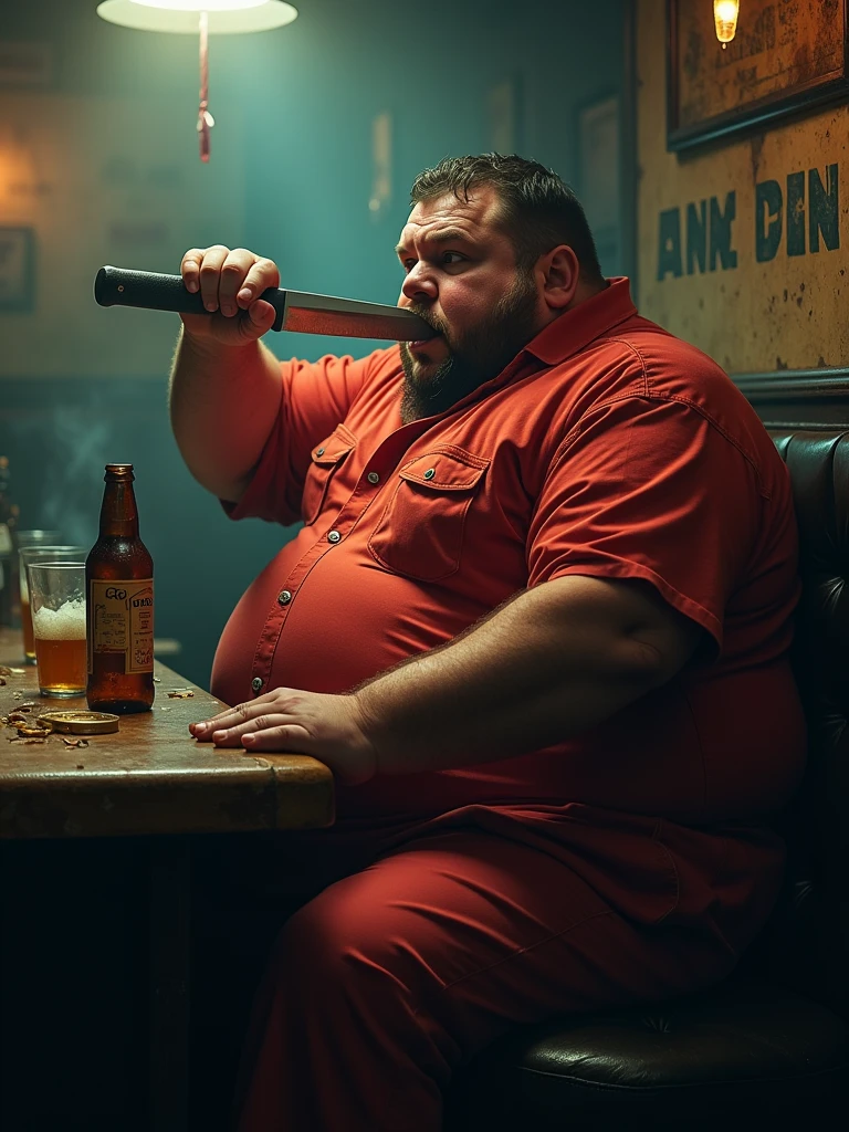 A funny fat man smoking an extremely large cigarette