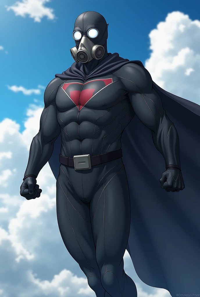 Superhero wearing gas mask, in a black suit, Flying in the sky, in anime.