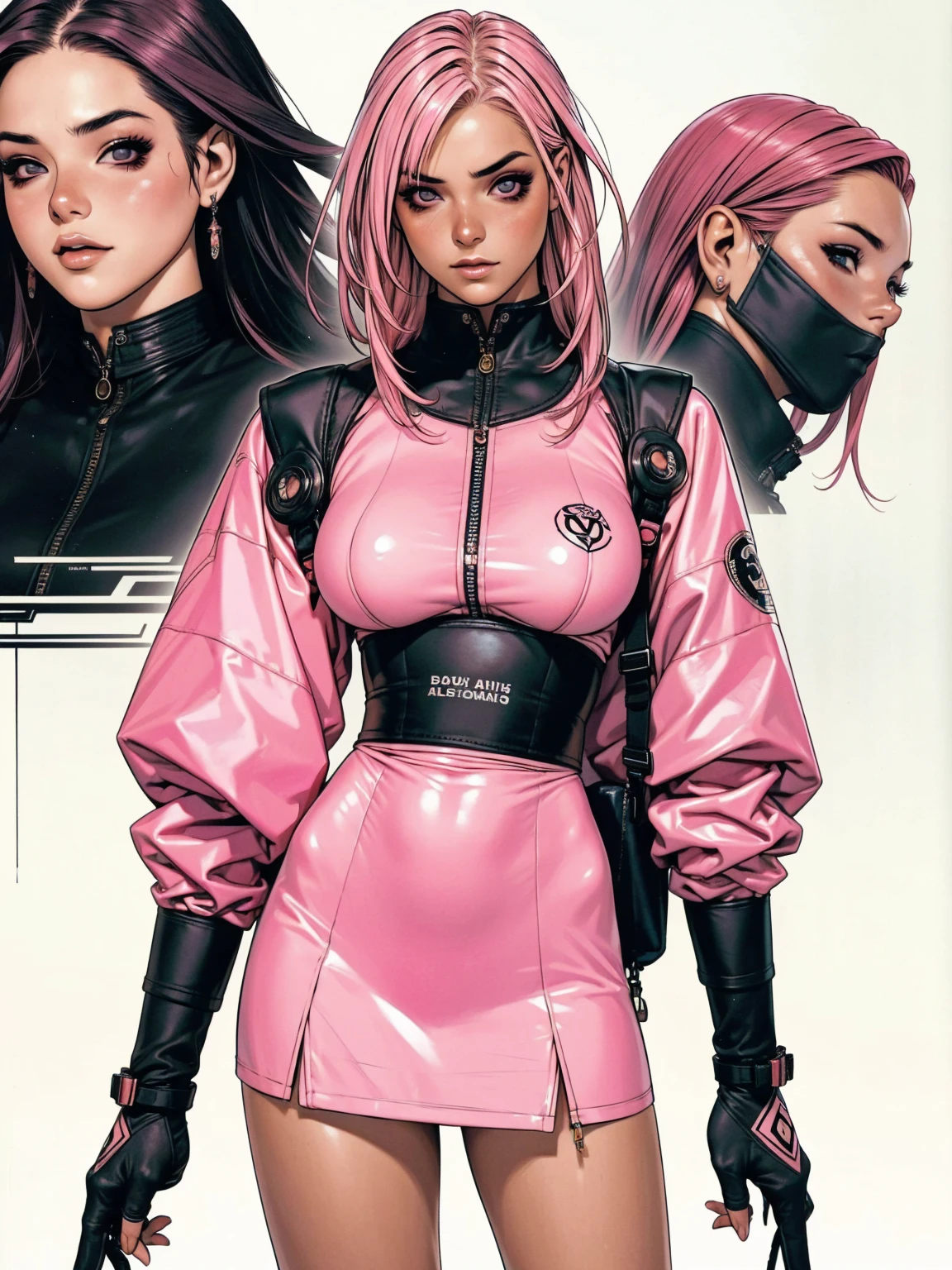 (best qualityer))), (((manga strokes))), (((pink hair with white highlights))), (((noise pattern))), uma Kizi pirata espacial jovem muito bem vestida com roupas azuis modernas de inverno, top gift vertical stripes, short jacket with dark fur collar, beautiful and expressive face, slightly-smile, big eyes with long black eyelashes, heavy make-up, futuristic accessories and gadgets, contrasting colours, pose de atitude, hair with a modern and futuristic cut, urban game poster art, dramatic camera angles, graffiti art elements in the background, design mixing contemporary and retro by Shepard Fairey, (((bird's eye))), (((best qualityer: 1.4))), (Unbeatable masterpiece), (hiper HD),(CG 8k hyper-realistic), Kizi, (((standing alone))), pirralha violent, (((14歳))), sexly, pose de atitude, work of art, post-apocalypse, (((manga style))), bounty hunter, violent, Manic, the way you want, slenderbody, thin but strong, perfectbody, roupa moderna, advanced technology, neon, sleeves with vertical striped pattern, neutral background, (( cowboy shot )). intricate visual