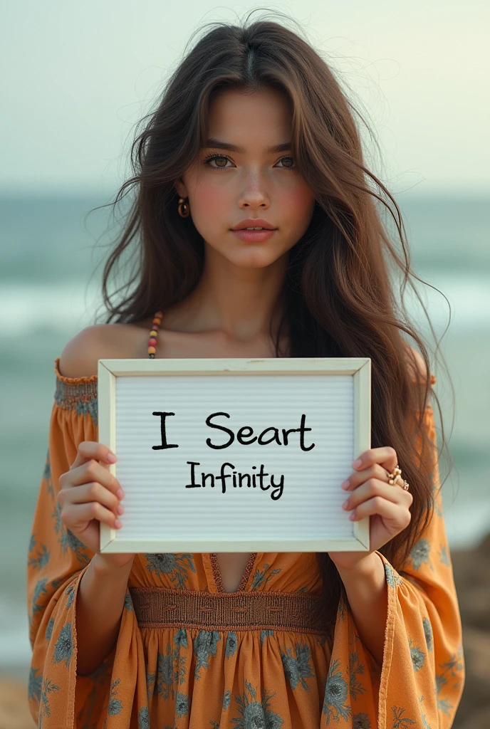 Beautiful girl with wavy long hair, bohemian dress, holding a white board with text "I Love Seaart Infinity" and showing it to the viewer