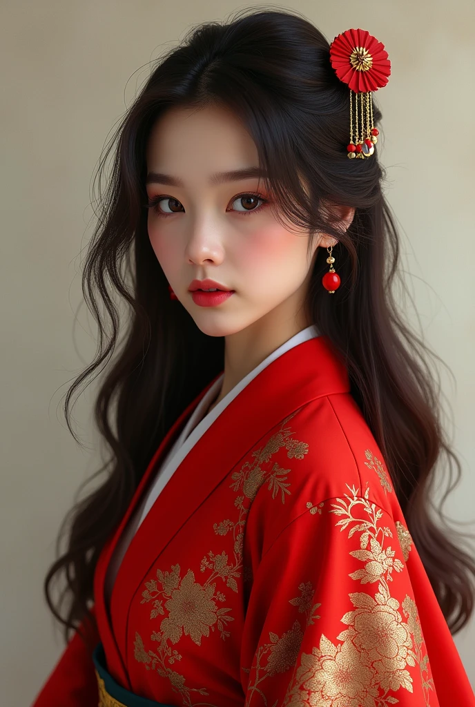 Brunette woman with portrait of sophie mudd wearing a red coat of Japanese origin