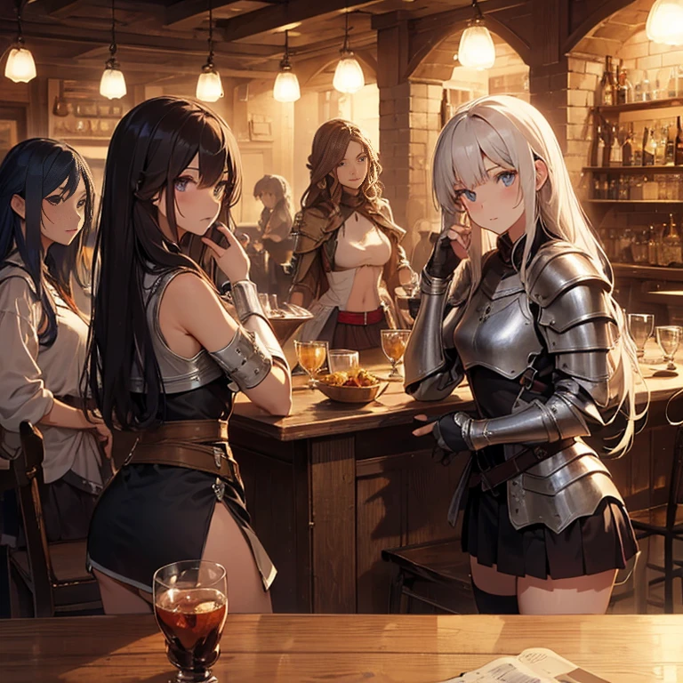 A group of  female medieval fantasy adventurers, (in tavern), various hair styles, harem, night, details face, short skirt, seducing, sleeveless, armor 