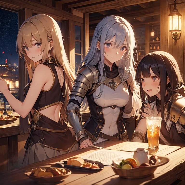 A group of  female medieval fantasy adventurers, (in tavern), various hair styles, harem, night, details face, short skirt, seducing, sleeveless, armor 