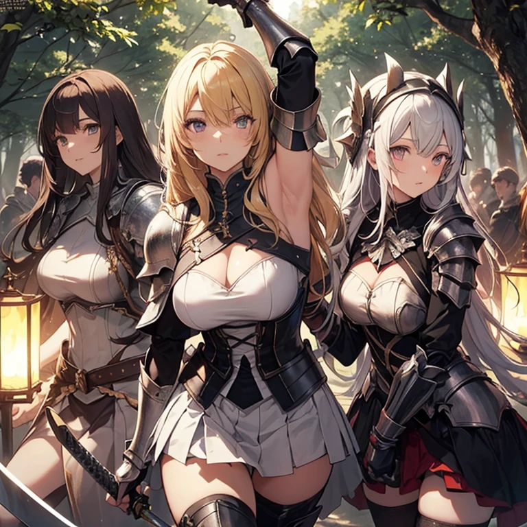 A group of female knight, (in forest), various hair styles, harem, wearing armored clothes, metal armor, night, details face, , short skirt, seducing, sword, showing armpits, sleeveless