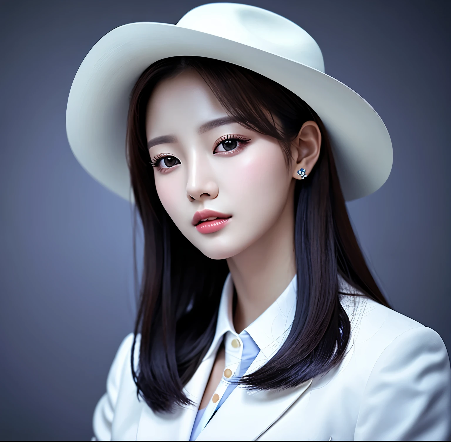 Close up portrait of woman in blue suit and white shirt, Elegant digital art, High-quality portraits, Shiny digital painting, Digital Art Images, Beautiful digital art, Elegant digital painting, Portraits of Korean female idols, Beautiful digital painting, Realistic cute girl drawing, high quality digital painting, TWICE's Tzuyu, Professional Profile Photo, Korean Girls
