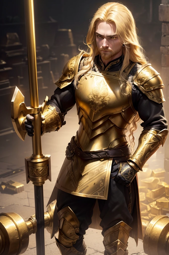 (((work of art, best qualityer), 1 men, standing alone, strong with gold and black armor, wielding a medium hammer with golden carvings, blond long hair, dark yellow eyes