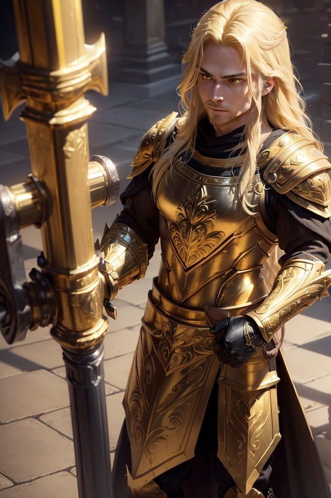 (((work of art, best qualityer), 1 men, standing alone, strong with gold and black armor, wielding a medium hammer with golden carvings, blond long hair, dark yellow eyes