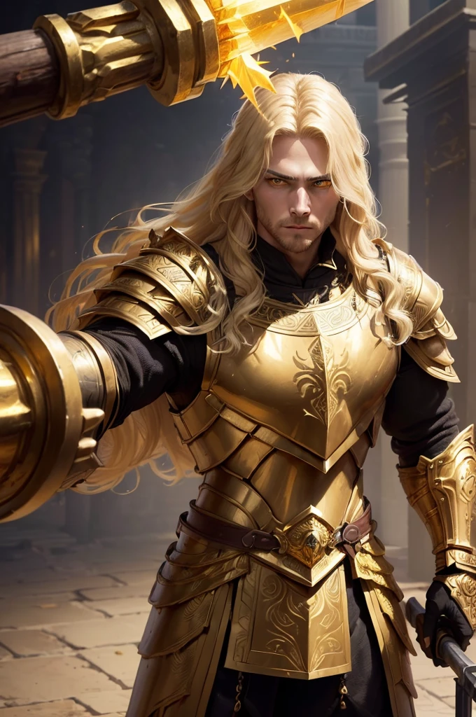 (((work of art, best qualityer), 1 men, standing alone, strong with gold and black armor, wielding a medium hammer with golden carvings, blond long hair, dark yellow eyes