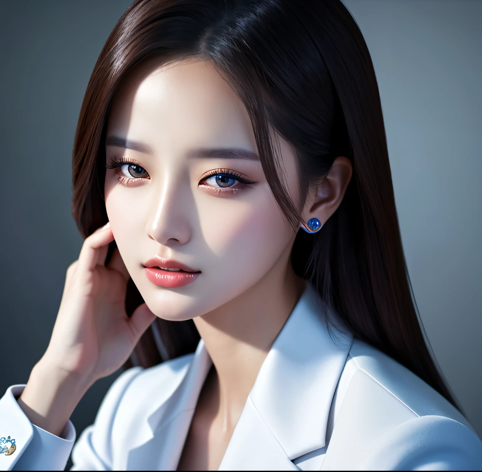 Close up portrait of woman in blue suit and white shirt, Elegant digital art, High-quality portraits, Shiny digital painting, Digital Art Images, Beautiful digital art, Elegant digital painting, Portraits of Korean female idols, Beautiful digital painting, Realistic cute girl drawing, high quality digital painting, TWICE's Tzuyu, Professional Profile Photo, Korean Girls
