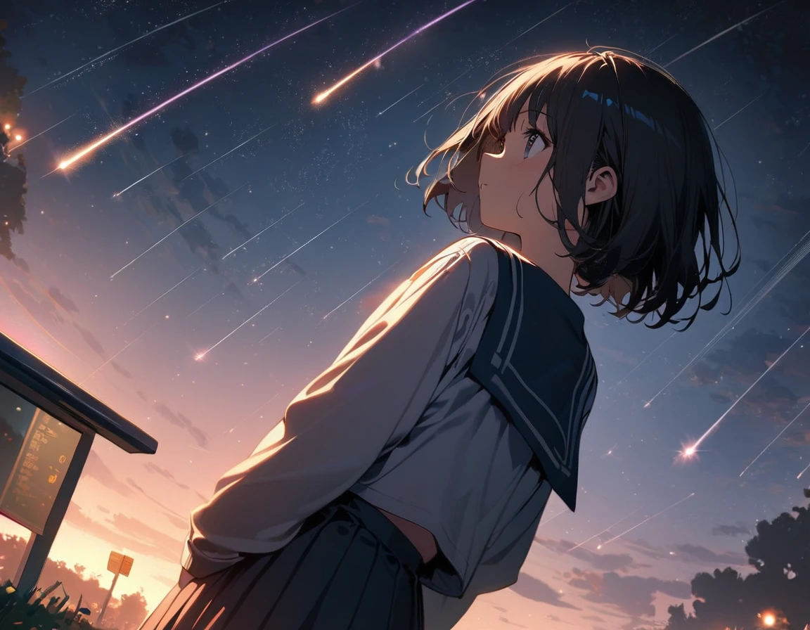 1 girl,Back view,amazing quality, aesthetic, aesthetic,ultra-detailed face,yo,black hair,short hair,Oversized School uniform,Narrow Angle,(Meteor shower,star and hart effect:1.3),rim light,bus stop,masterpiece,8K,top quality, highly detailed illustration